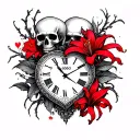 A half a sleeve with skulls and red spider lily flowers and Roman number heart shaped clock with the time 9:36pm tattoo design idea