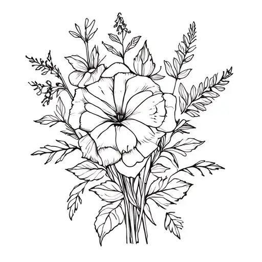 fine line bouquet with rose flower, larkspur, morning glory and november birth flower tattoo design idea