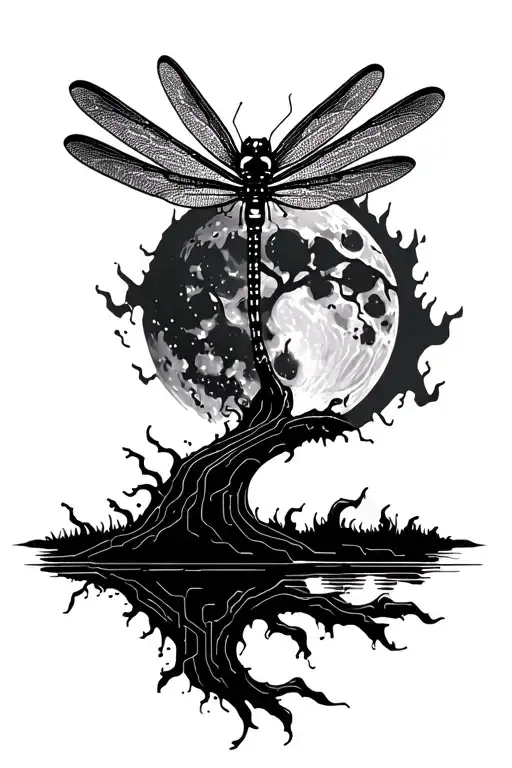 dragonfly woods fire moon electronic circuit board tattoo design idea