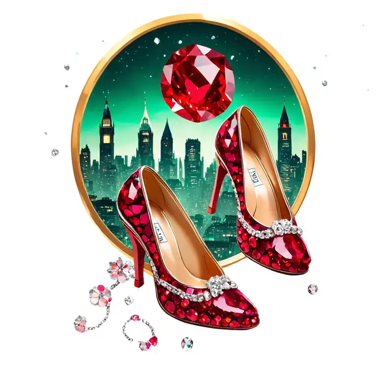 two sparkling ruby slippers with no heel with emerald city in the background tattoo design idea