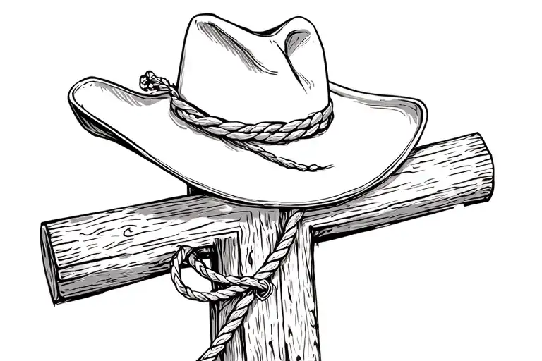 wooden cross with cowboy hat and lasso tattoo design idea