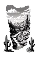Colorado river running from the Colorado mountainous forests down the the Arizona desert landscape with cacti  tattoo design idea