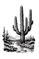 Colorado river running from the Colorado mountainous forests down the the Arizona desert landscape with cacti  tattoo design idea
