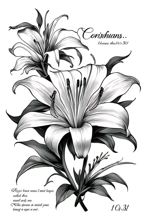 Madonna Lilly flower surrounding Corinthians 10:31 Bible Verse masculine style tattoo design idea