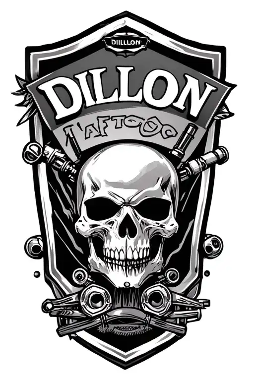 Left inner forearm shield with Dillon inside  which is are last name with dirtbike accesories in the tattoo and cool des tattoo design idea
