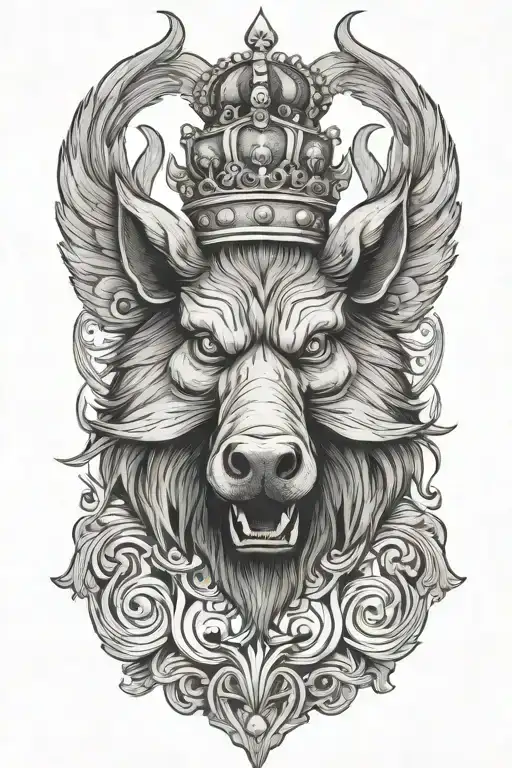 angry boar with wings wearing a crown  tattoo design idea