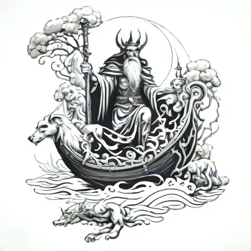 Hades in the underworld with his hounds and the ferryman coming down the river to bring souls tattoo design idea