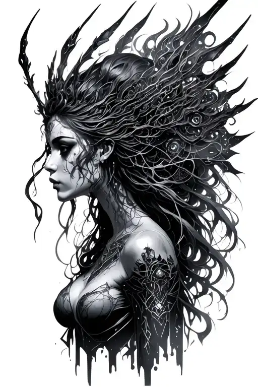 dark art achelois goddess surrounded by cyber sigilism tattoo design idea