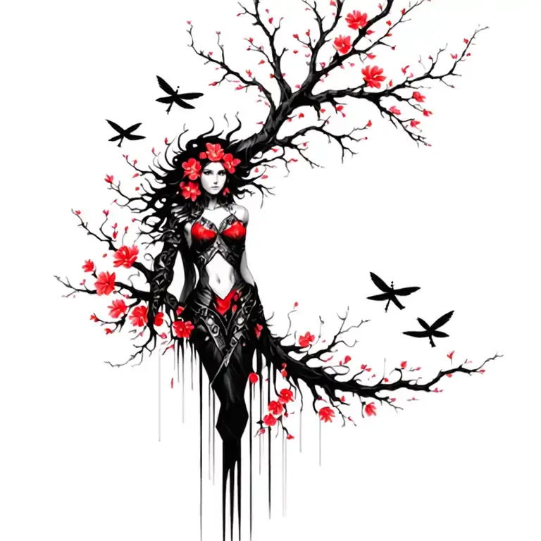 attractive warrior woman tree intertwined branches with flowers, inner strength, around small birds and dragonflies  tattoo design idea