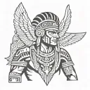 a male Aztec indian with angel wing with devil horns  tattoo design idea