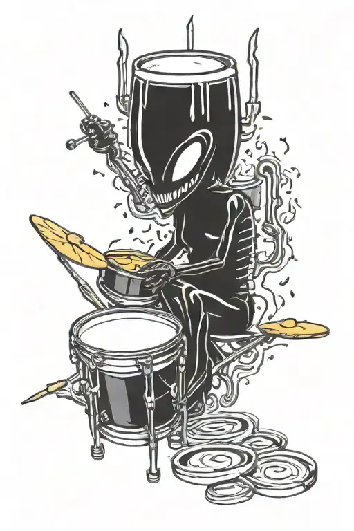 drums alien brewing beer bottle morphing tattoo design idea