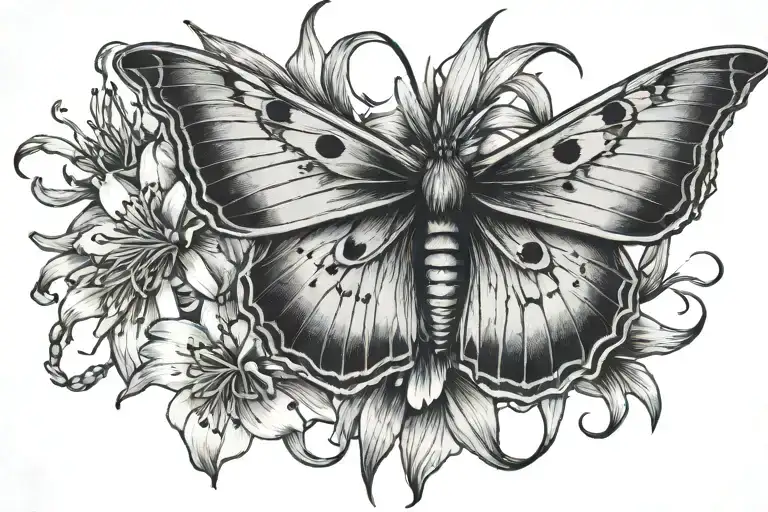 lunar moth with spider lily tattoo design idea