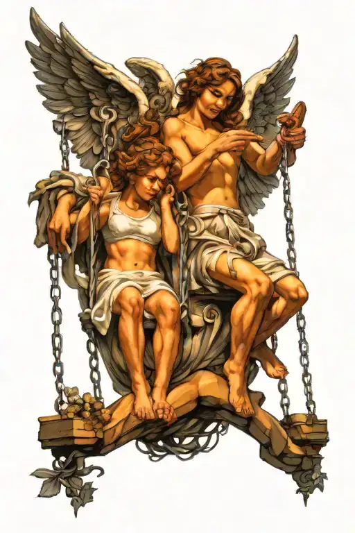 2 angels on swing looking down at 5 people sitting tattoo design idea
