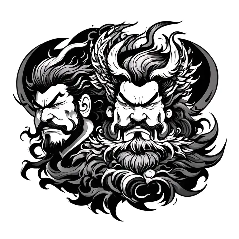 Black and white Japanese tattoo design of Raijin and Fujin. tattoo design idea