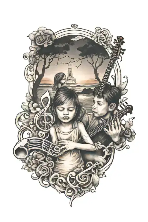 brother and sister playing sunset music notes tattoo design idea