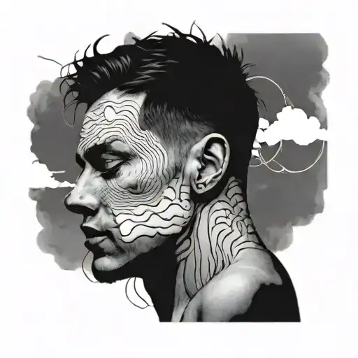 Men's upper body naked, can't see the upper part of the face because of a cloud that rains   tattoo design idea