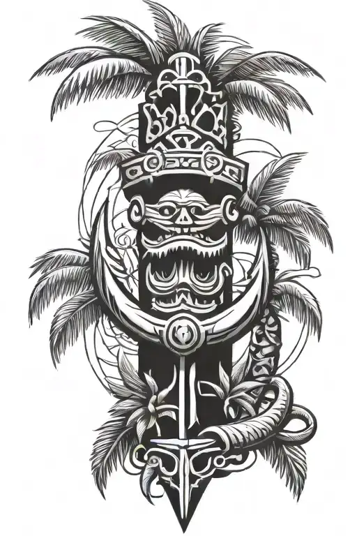traditional, palm tree, tiki statue, anchor, shark tattoo design idea