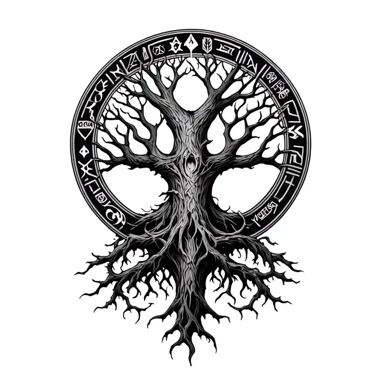 yggdrasil tree of life with nordic symbols and the god of war game logo round it tattoo design idea