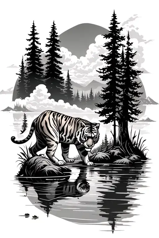 flagstaff nature scene with tiger drinking from lake and clouds all around and lots of shading tattoo design idea