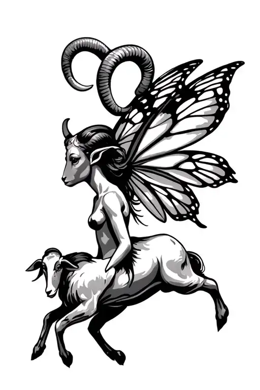 fairy with a rams head and curled horns. butterfly wings. in flight from side profile. goats legs.  tattoo design idea