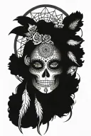 dream catcher sugar skull Aztec headress tattoo design idea