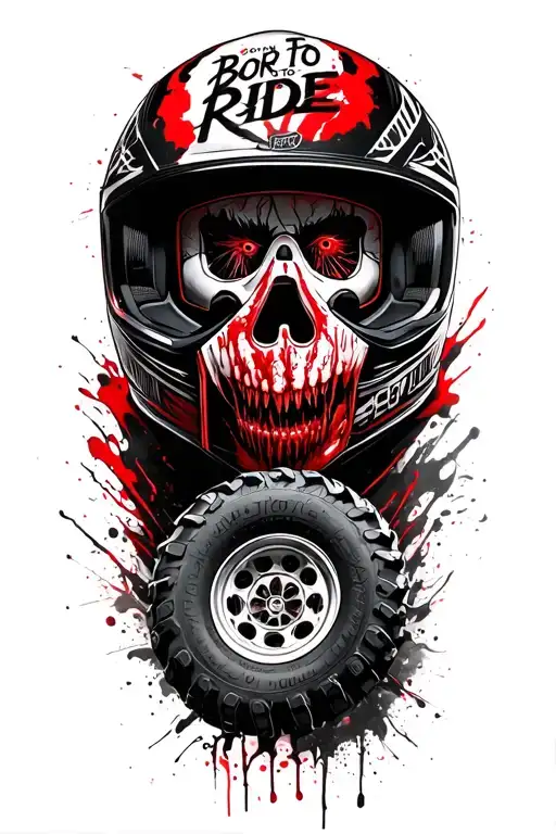 "Born To Ride" texi in horror style on top , under head of motocross helmet  and  under dirt bike tire mark tattoo design idea