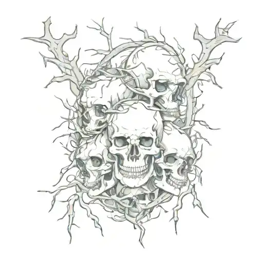 eyes entwined with branches with thorns and skulls tattoo design idea