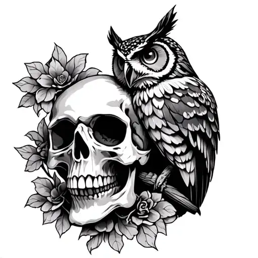skull and owl tattoo design idea