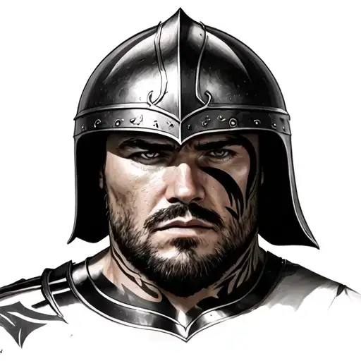 🧑‍🎨 Portrait of Maximus (Russell Crowe)Looking straight ahead, face partially shadowed (dramatic expression), helmet  tattoo design idea
