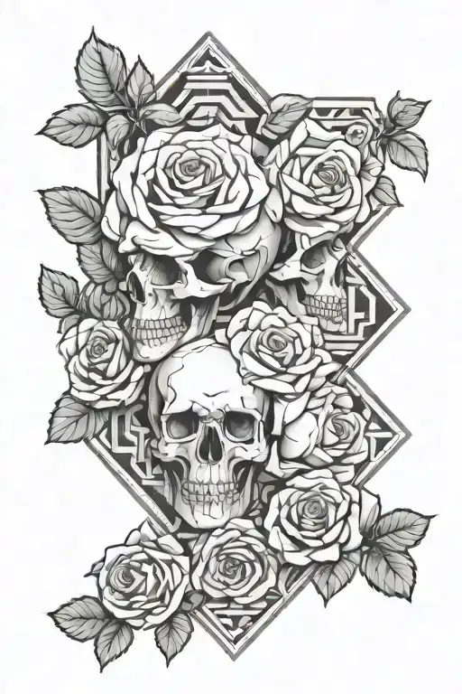 Roses, slit faces one male in the military and the other female as a teacher, I love you till death do us part in Greek tattoo design idea