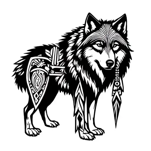 wolf standing next to medicine man tattoo design idea