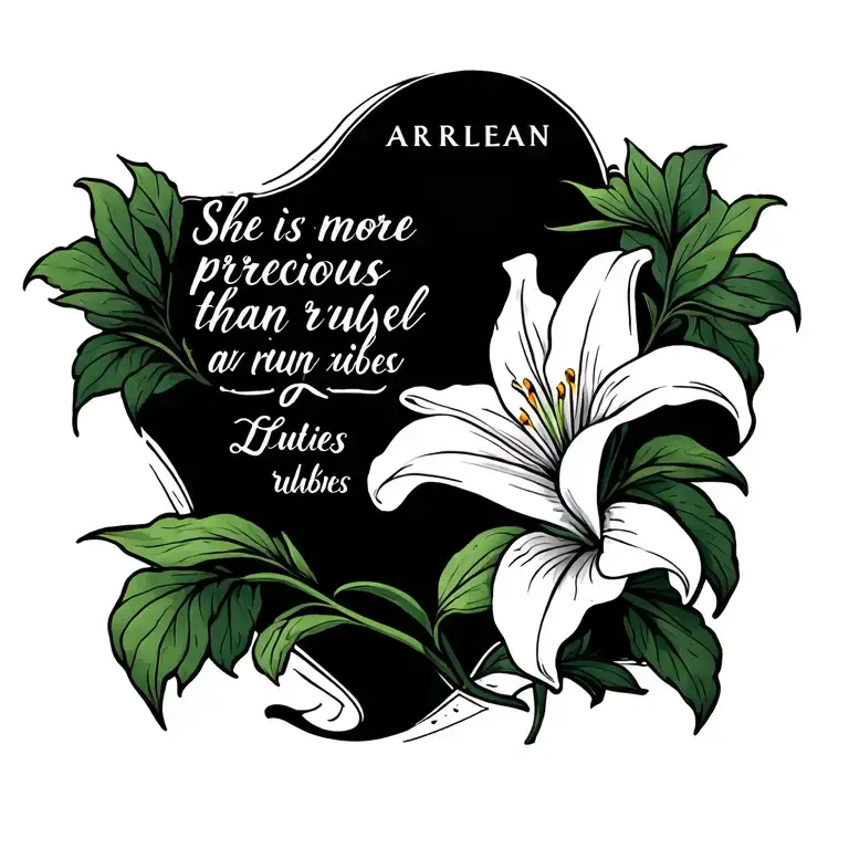 ARLEAN name written on the side with the verse she is more precious than rubies with a Lilly flower on both sides tattoo design idea
