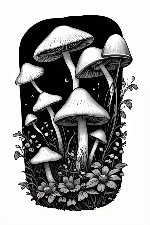 mountains wild flowers mushrooms tattoo design idea
