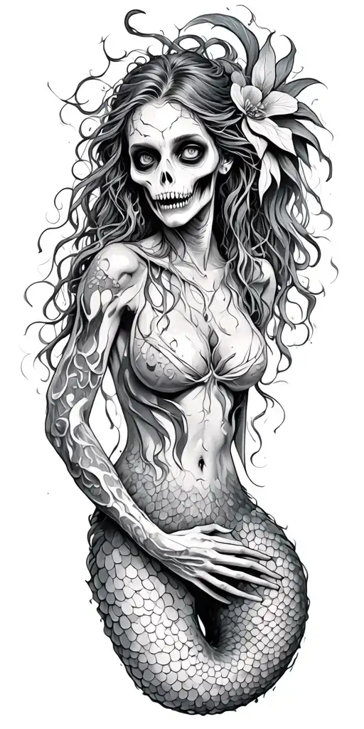 creepy zombie mermaid tattoo design idea