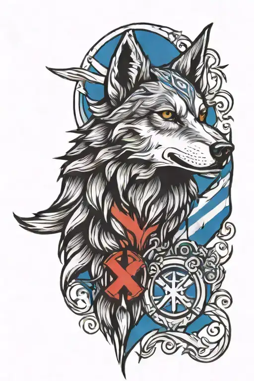 wolf howling at saltire flag flying tattoo design idea