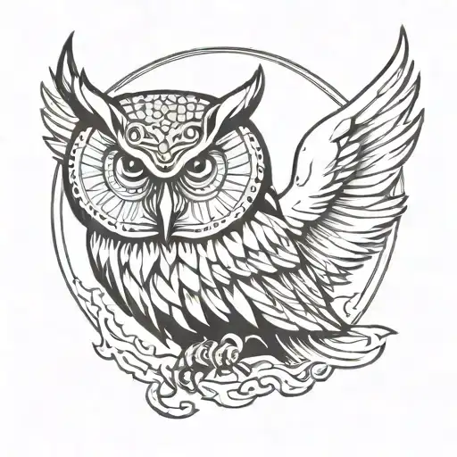 owl head with big wings and sun moon background black tattoo design idea