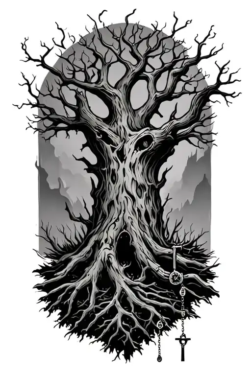 old scary tree with clark burnt down the tree an a rosary wrapped around the tree  tattoo design idea