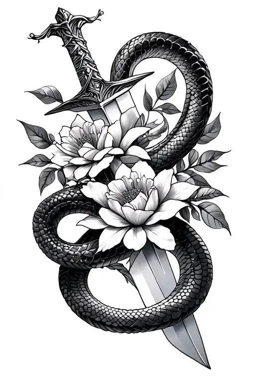 sword and snake and flowers intertwined tattoo design idea