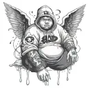 Asian chubby angel boy with bape hoodie, venom drips tattoo design idea