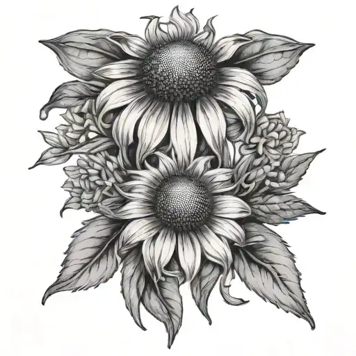 coneflower, daisy, and skull tattoo design idea