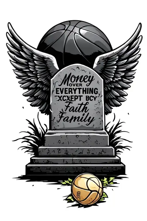 basketball ,tomb stone in background an infront of that is wings and "Money over everything except faith family" tattoo design idea