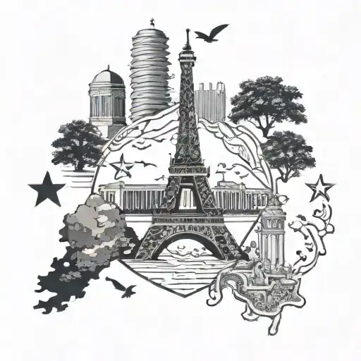 Combine the iconic monuments of USA, Canada, and France into a unique tattoo design tattoo design idea