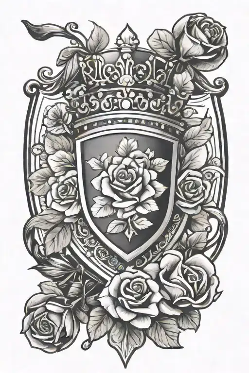 Create a tatto with a crown, a rose, a shield and a clover tattoo design idea