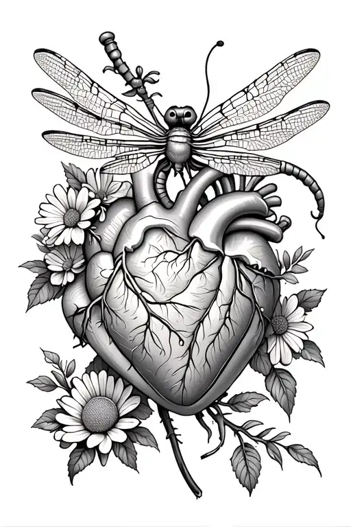 asters, rose, anatomical heart dragonfly perched tattoo design idea