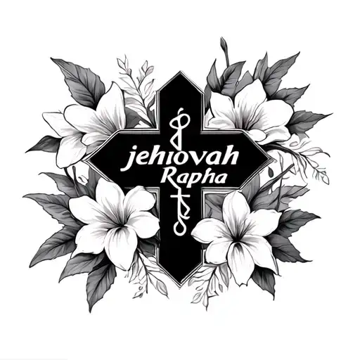 cross that fades into the words "jehovah Rapha" with Lilly flowers surrounding  tattoo design idea