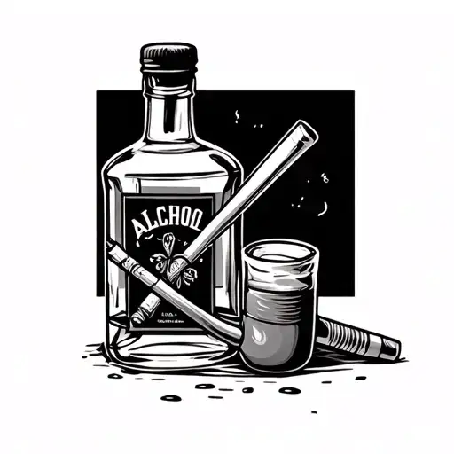 alcohol bottle and a drug pipe crossed tattoo design idea