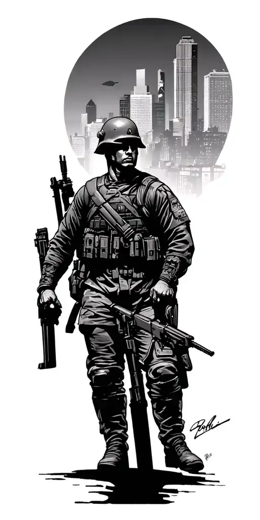 civilain turns in to Soldier silhouette, leaving columbus ohio and returning w/city skyline in background tattoo design idea