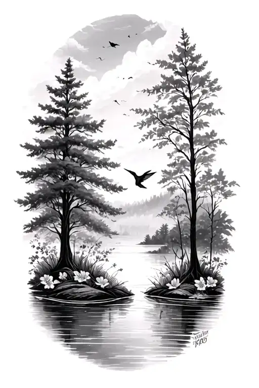 lake surrounded by trees, Ava Gavin 5/14/21 and Waylon Gavin 7/3/23 add humming bird and floral  tattoo design idea