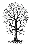 Bold blackwork oak tree. Roots are a deep, sharp geometric pattern. Branches have ornate antique keys instead of leaves. tattoo design idea