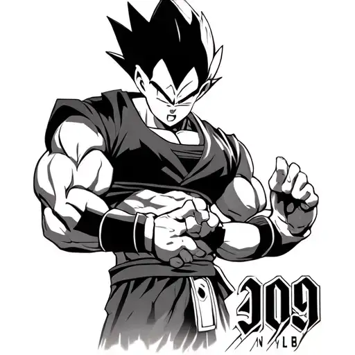 vegeta dragon ball, Gausin, NLMB, 1999 written vertically tattoo design idea